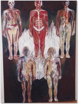 A painting of five standing figures showing skeletal, muscular and nervous-system layers against a dark red-brown ground.