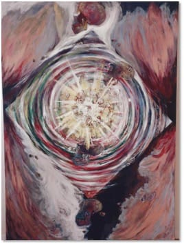 A painting of a radiating white burst held inside concentric rings, surrounded by swirling pink, red and grey.