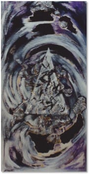 A vertical painting of a jagged white and grey peak at the centre of a dark swirling purple vortex.