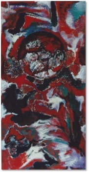 A vertical painting of turbulent red, black and white strokes gathered around a dark circular void.