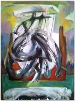 A painting of sweeping black brushstrokes driven across blocks of red, green and yellow.