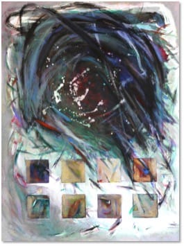A painting of a dark scribbled mass hanging above a row of small pale squares on a washed grey ground.