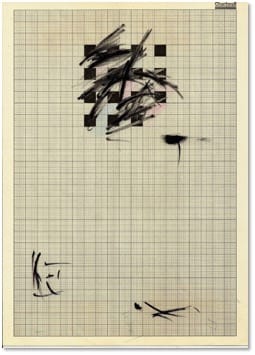 A drawing on graph paper: a dense knot of black gestural marks near the top, with a few isolated strokes far below.