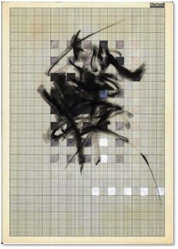 A drawing on graph paper of slashing black strokes laid over a scattered grid of filled grey and black squares.