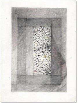 A pencil drawing of a recessed rectangular niche framing a tall column of tiny coloured squares.