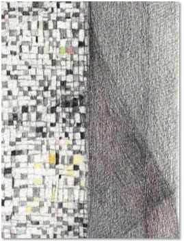 A drawing split down the middle: a dense field of small pale coloured squares on the left, fine grey hatching on the right.