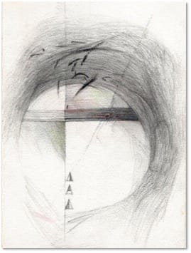 A pencil drawing of a dark arc sweeping over a pale field, crossed by a red-brown bar above three small triangles.