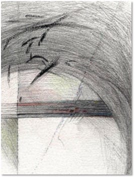 A close view of a pencil drawing: grey hatching, a red horizontal line and faint ruled squares.