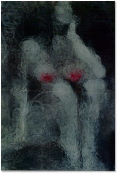 A dark, heavily blurred image of a seated figure marked by two small points of red at the chest.