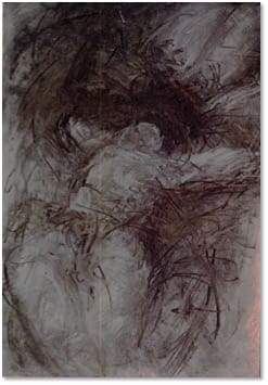 A charcoal drawing of a reclining figure dissolving into dense dark scribbled strokes.