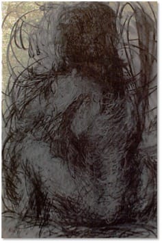 A charcoal drawing of a seated figure seen from behind, built up in dense dark strokes.