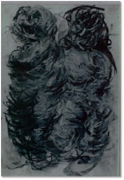 A charcoal drawing of two dark rounded masses side by side, made from tangled scribbled lines.